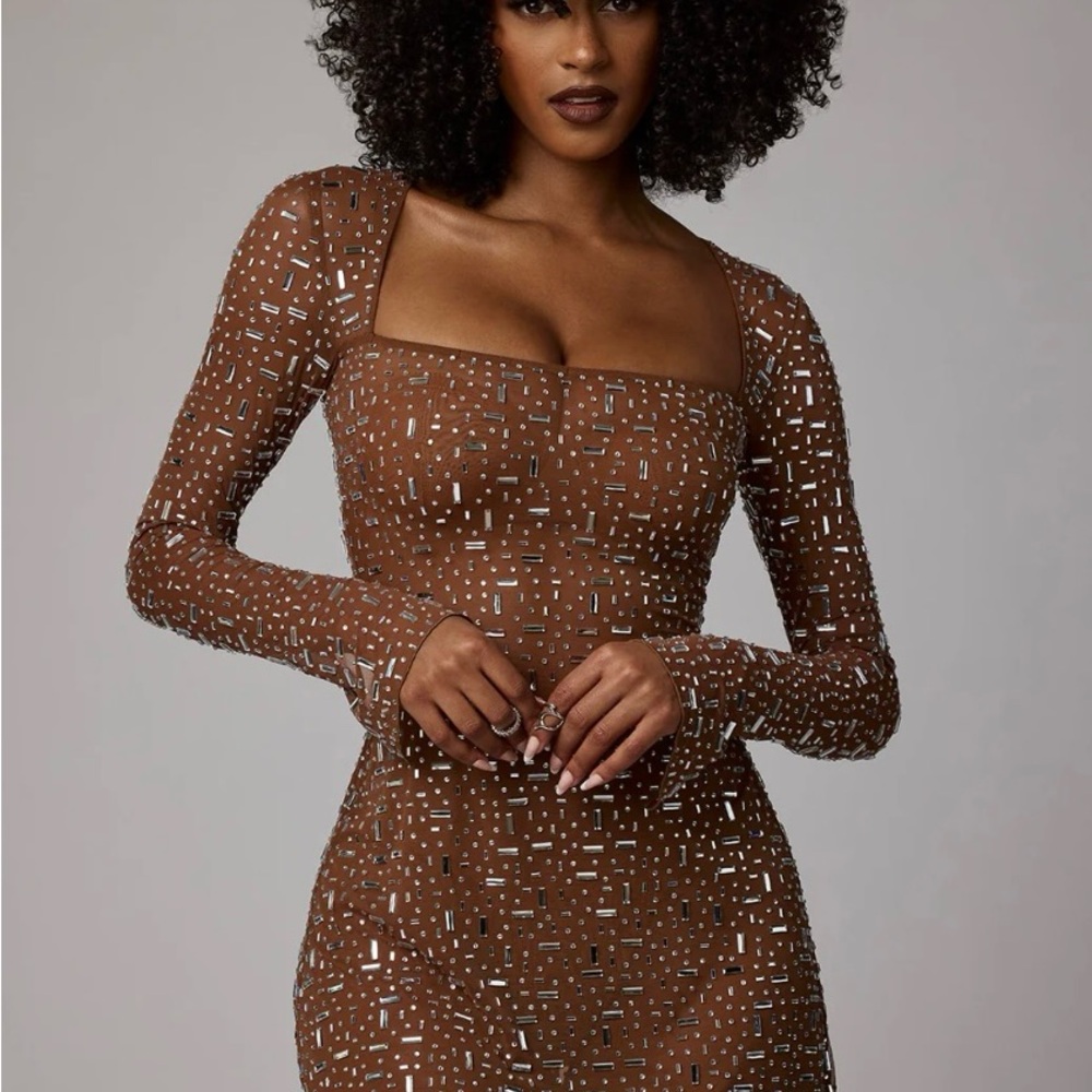 Oh Polly | Zeta Sheer Embellished Long Sleeve A-Line Dress in Mocha | Size 10